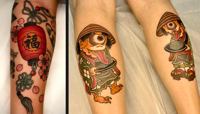 Photos of 2 colorful leg tattoos done by The Hangout Tattoo Studio artists