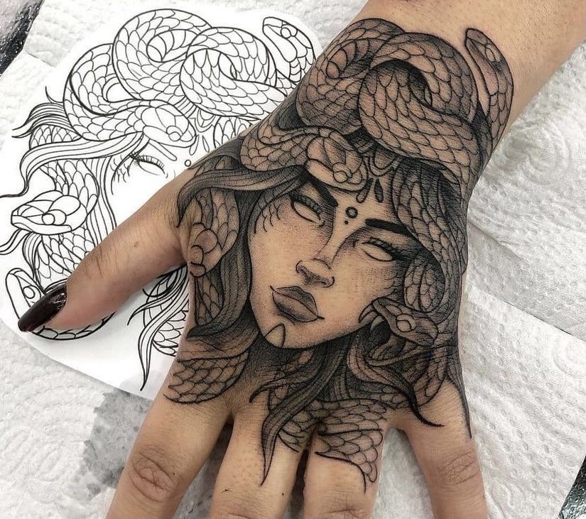 Medusa hand tattoo